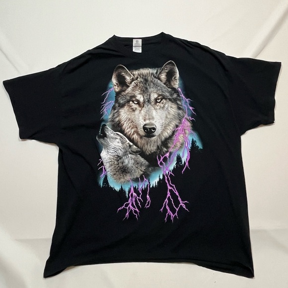 Howling‎ Wolf Shirt Mens 2XL Black Lightning Mystic Nature Big Print Art Y2K - Picture 1 of 7